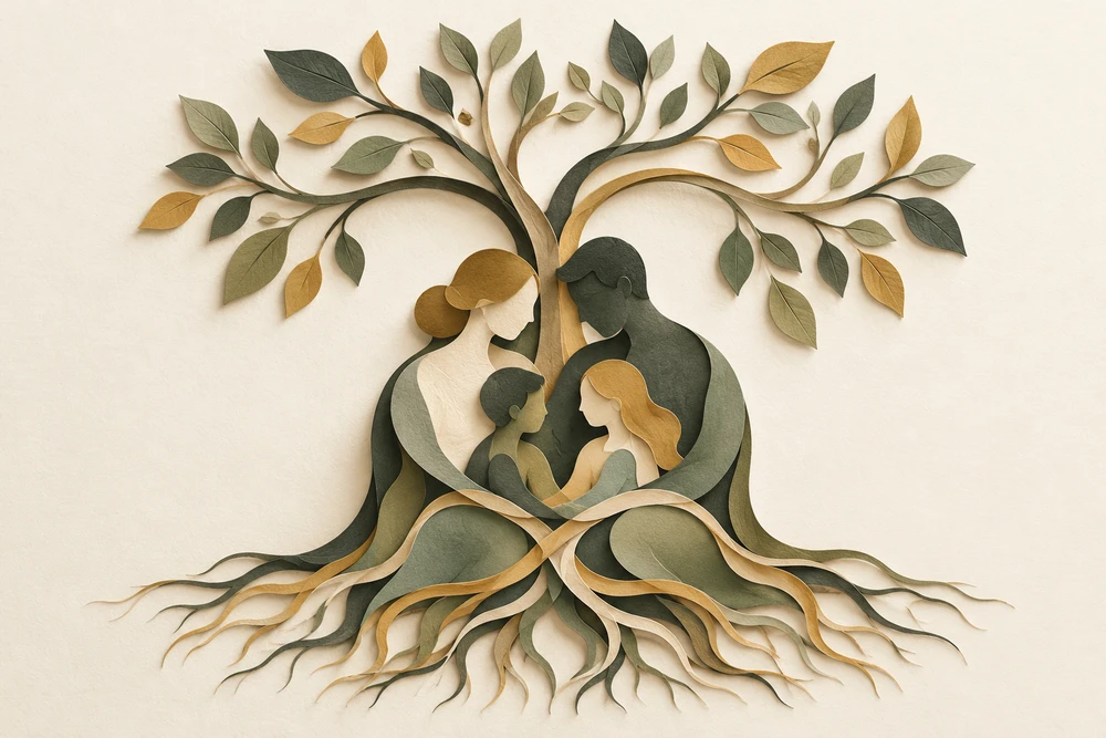 Ilustração de uma família unida sob uma árvore, com raízes entrelaçadas em tons de oliva e dourado.